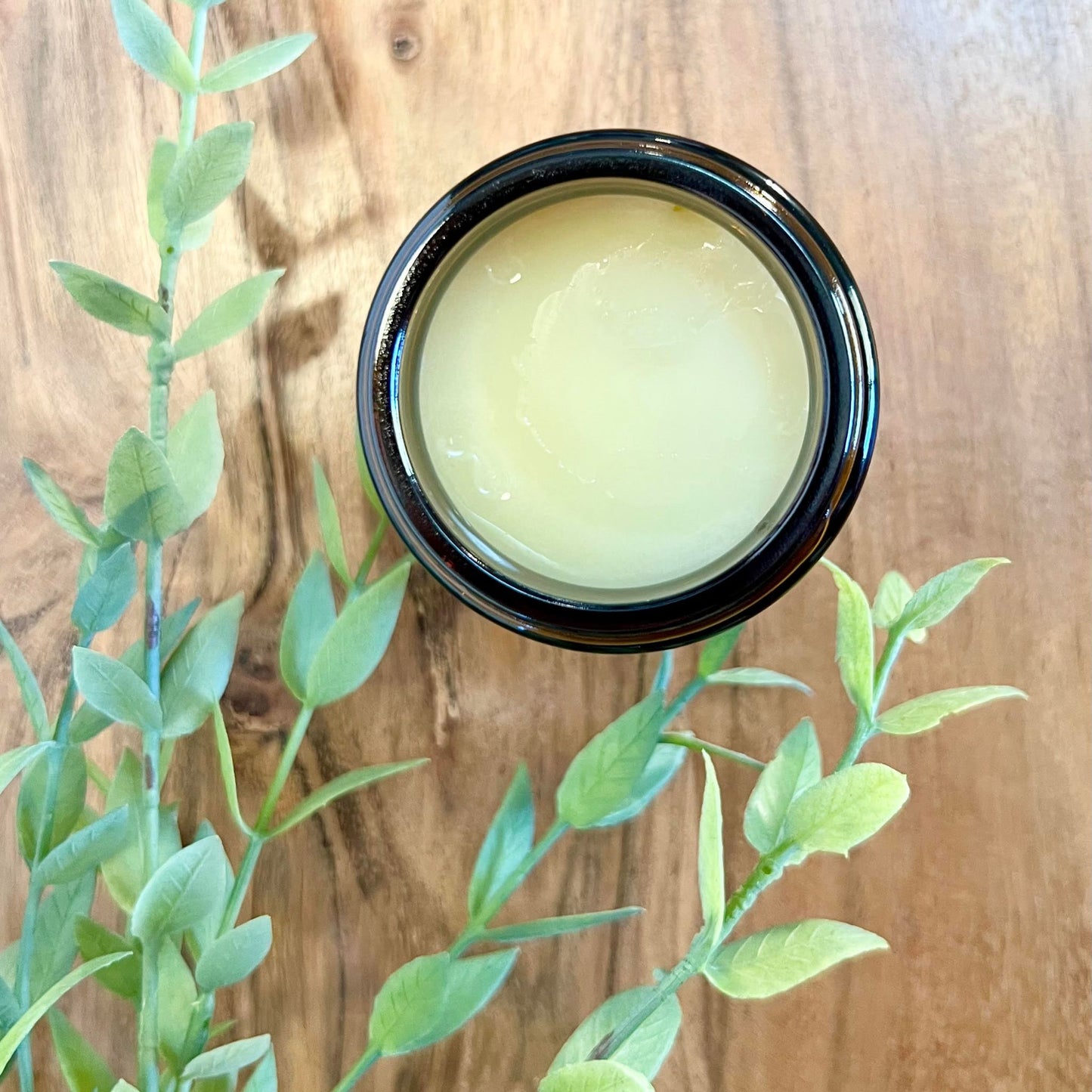Jar of open tallow balm with greenery
