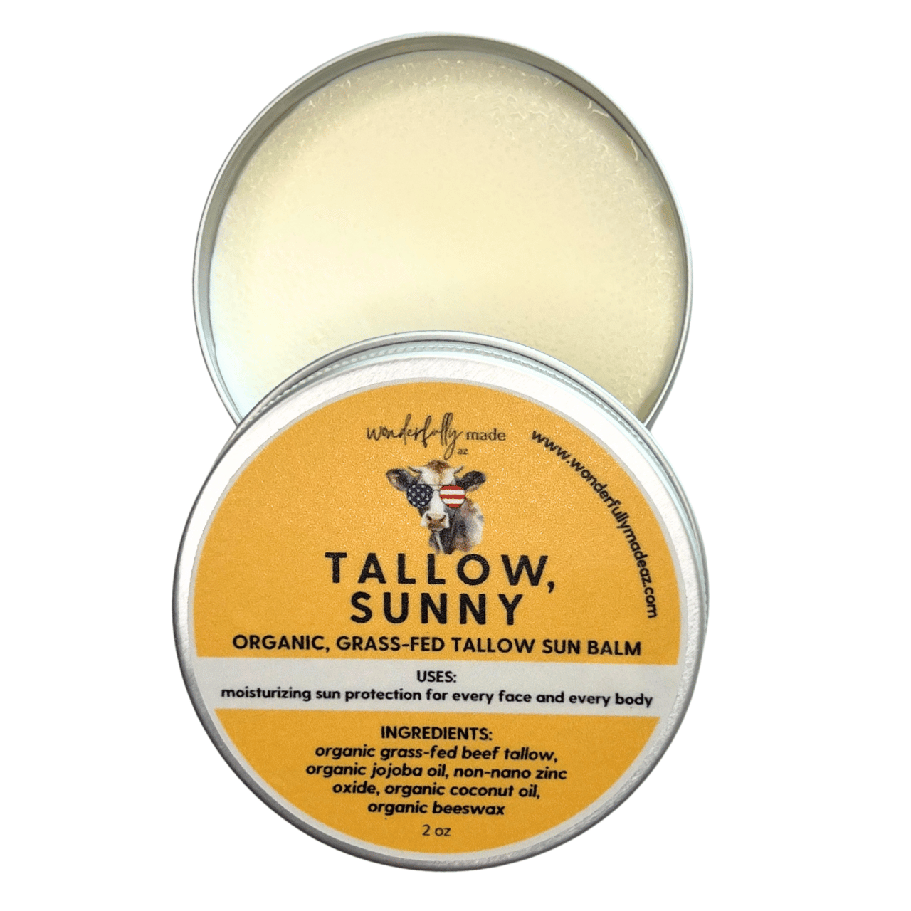 Organic Tallow Sunny sun balm with open tin lid and white image background