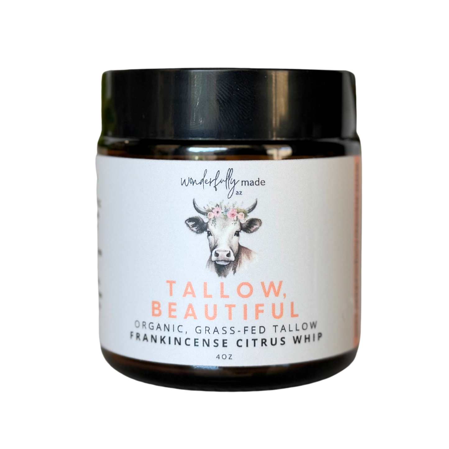 Jar of tallow product with a cow illustration on a white background