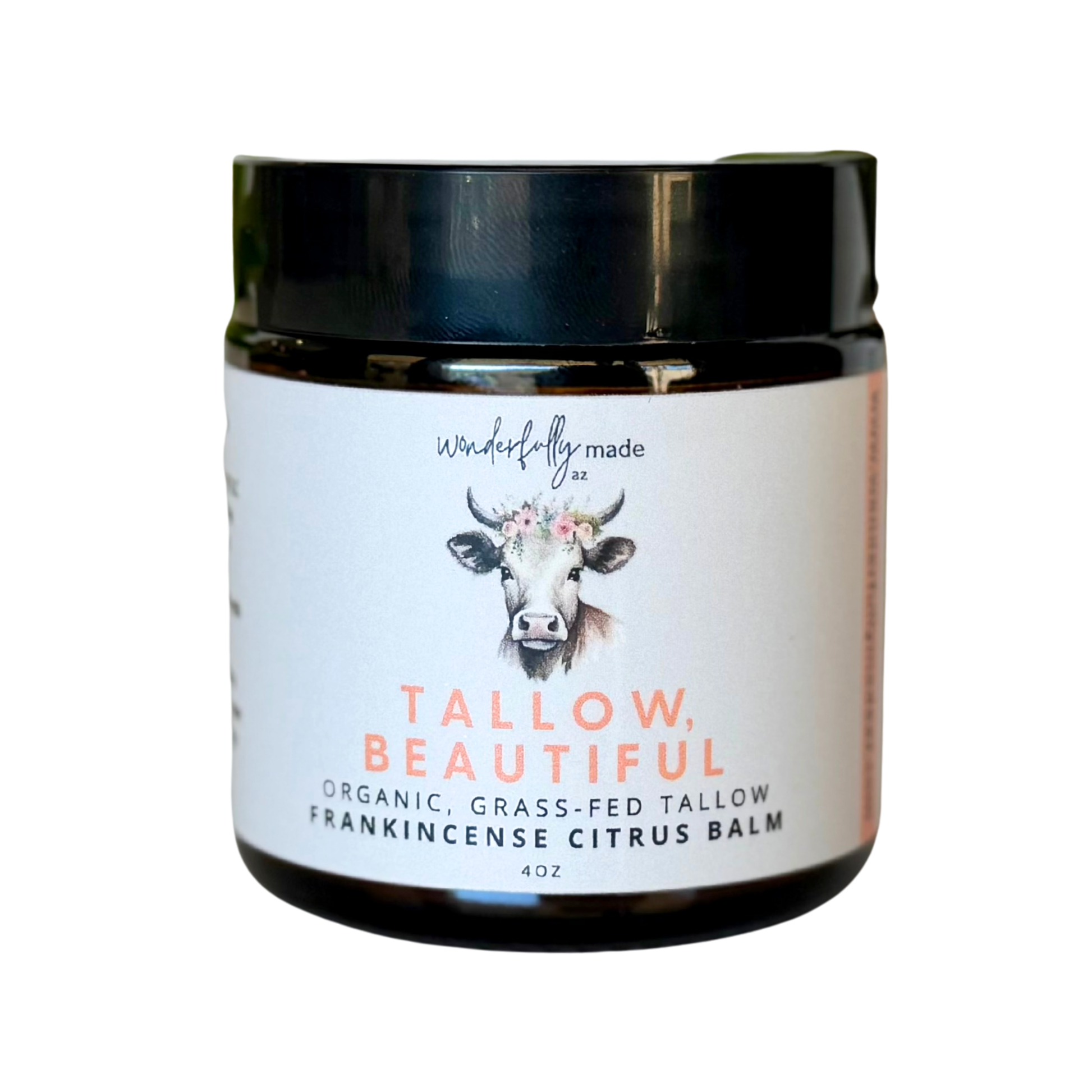 Tallow Beautiful Frankincense Citrus balm jar with cow illustration on a white background