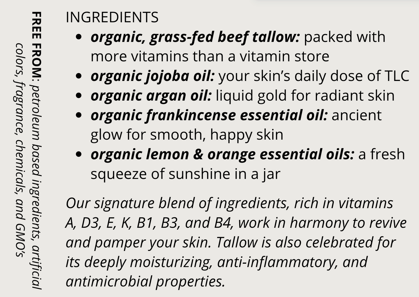 Tallow, Beautiful Frankincense Citrus - Ingredients Graphic