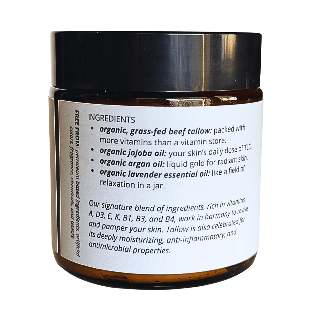Jar of organic skincare product with a label detailing ingredients on a white background