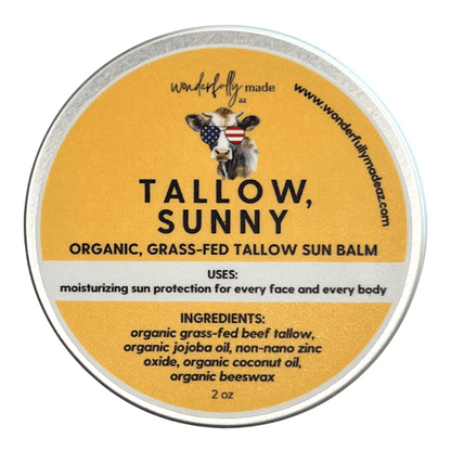 Tallow Sunny sun balm with yellow label on tin container and white image background